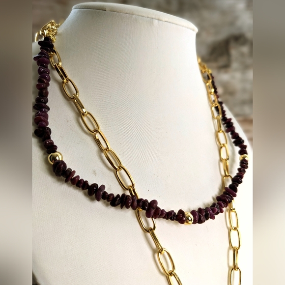 Natural Ruby Chips In 2-Strand Paperclip Necklace W/ Genuine Ruby Pendant - Picture 5 of 12